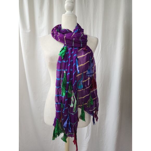 Chan Luu Scarf Sari Silk Purple Shreded Artsy Whimsy Tiedye Bohemian Fairycore - Picture 2 of 12
